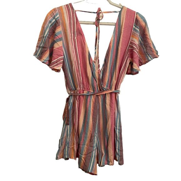 Blue Rain Amie Tie Backless Butterfly Sleeve Belted Rainbow Striped Romper XXS - Picture 4 of 7